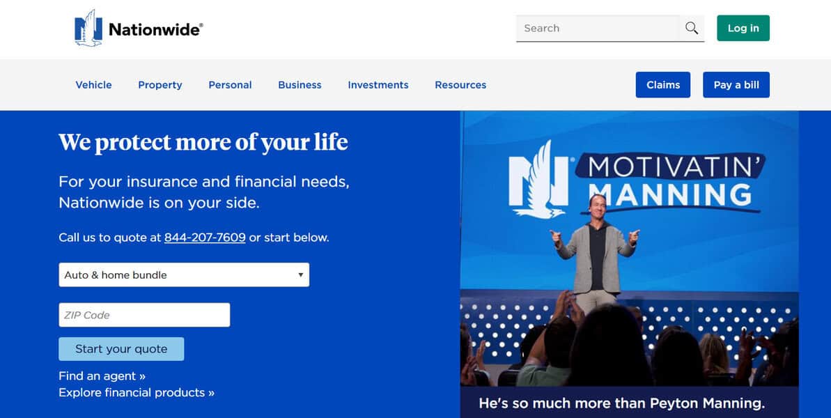 Nationwide site showing Texas renters insurance info, a quote form, and Peyton Manning on stage beneath a "Motivatin' Manning" sign