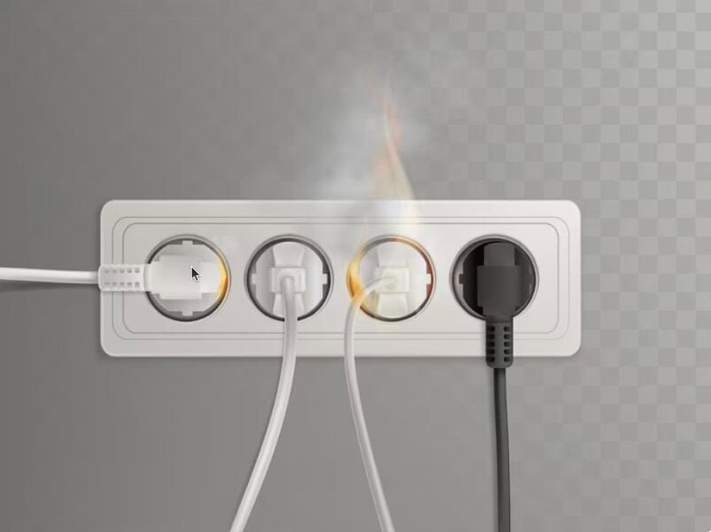 Power strip with four plugs, one socket sparking and smoking—shows unsafe electrical setup and fire risk