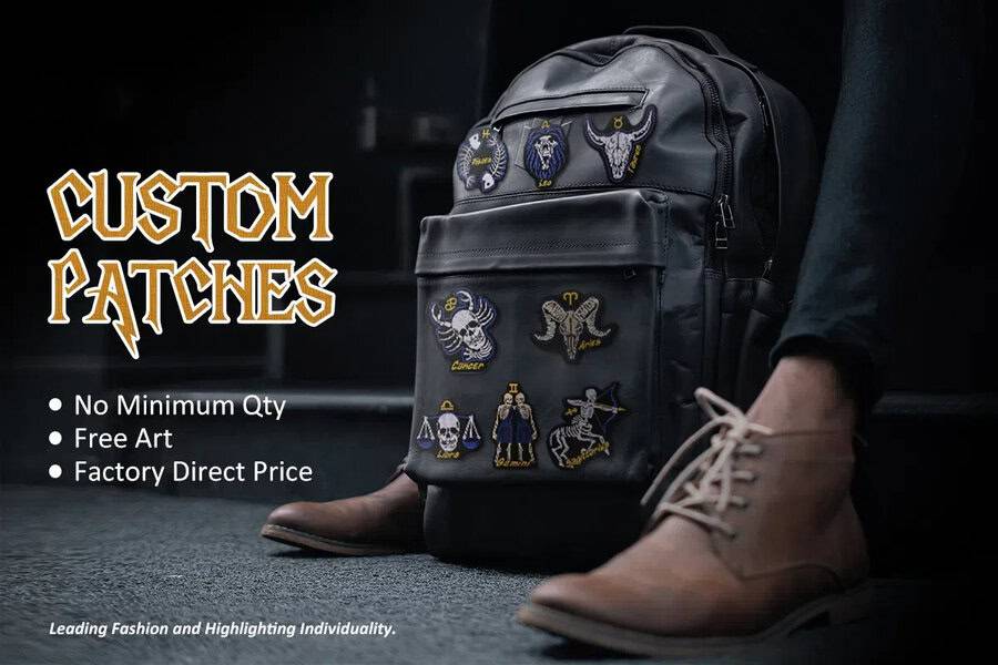 A black backpack with custom patches sits near tan shoes; text highlights custom patch and pin services for tattoo studios or flash nights