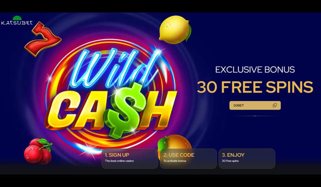 Wild Cash slot with neon fruit symbols! 30 free spins on a blue background—no deposit bonus casinos, play for real money today