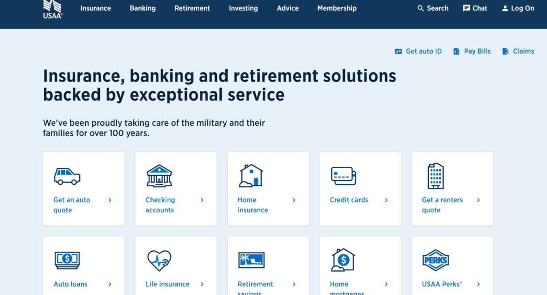 USAA homepage offering insurance, banking, and retirement—find the best renters insurance in Texas plus auto, home, and more