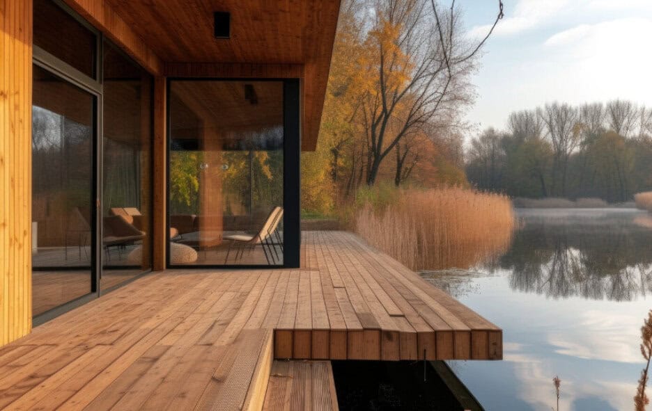 Modern wooden cabin with spacious deck and large glass windows, offering lake views and higher home value surrounded by autumn trees