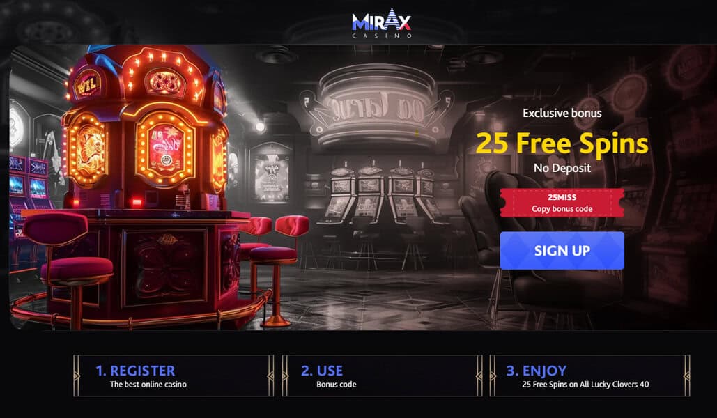 Casino interior featuring a glowing slot machine, 25 free spins sign, and register, use, enjoy steps for no deposit bonus casinos