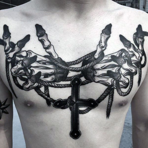 Impressive Dark Cross And Ropes Tattoo Male Chest