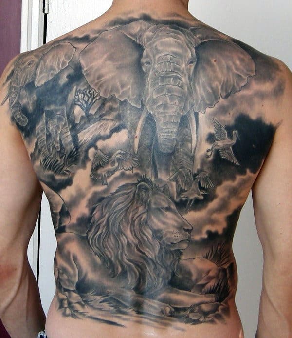 Impressive Forest Tattoo With Lion Birds And Elephants Guys Full Back