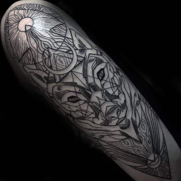 Impressive Geometric Wolf Dot And Linework Mens Upper Arm Tattoos