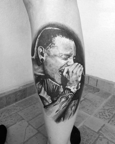 Impressive Male Linkin Park Tattoo Designs On Leg