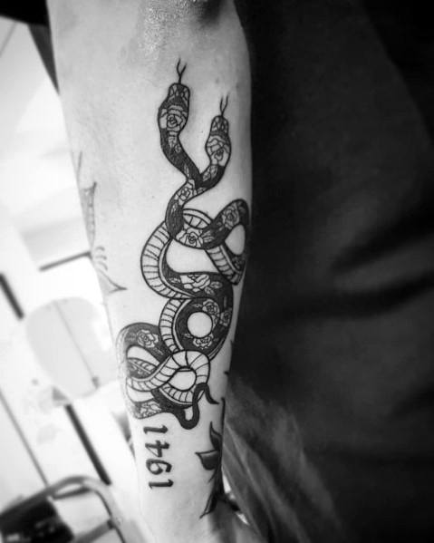 Impressive Male Two Headed Snake Tattoo Designs Outer Forearm