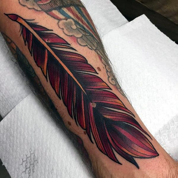 Impressive Red And Black Feather Tattoo Design For Men