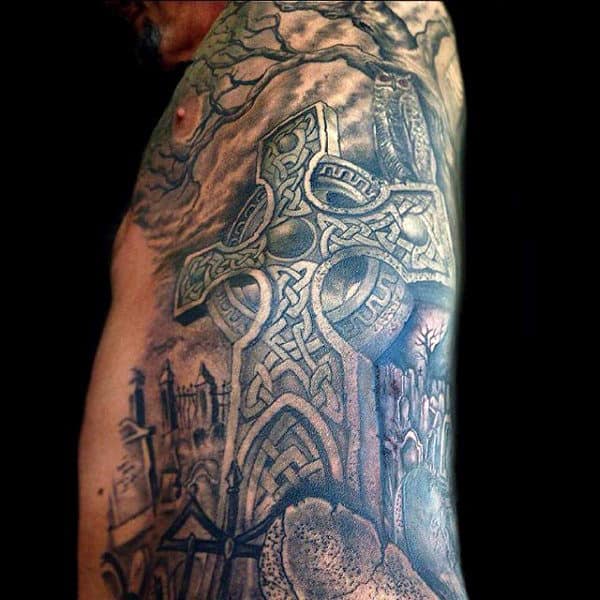 Incredible 3d Celtic Cross Graveyard Male Rib Tattoos