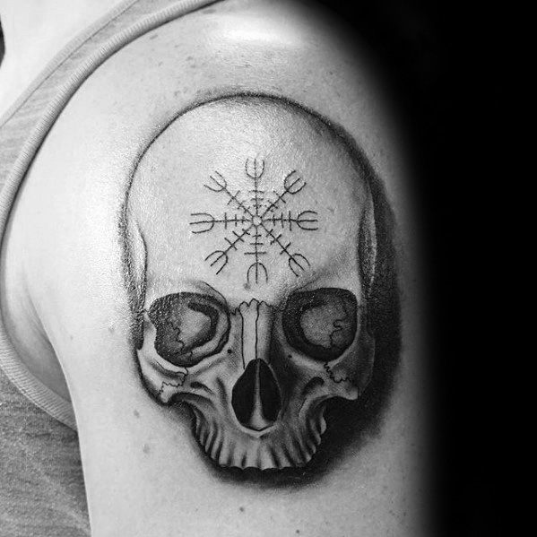 Incredible 3d Skull Helm Of Awe Upper Arm Tattoos For Men