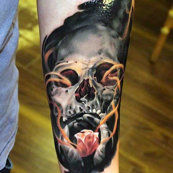 Incredible 3d Skull With Pink Rose Watercolor Mens Forearm Sleeve Tattoo Designs
