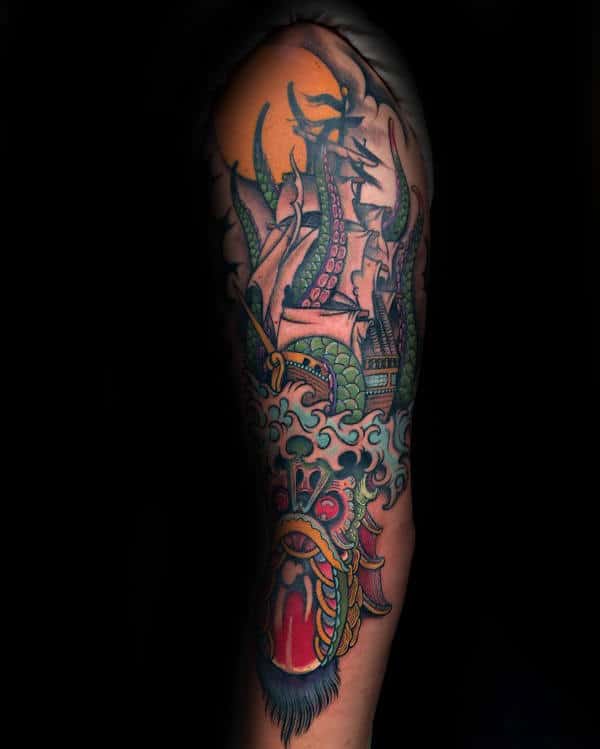 Incredible Angry Sea Monster Kraken Guys Half Sleeve Tattoo