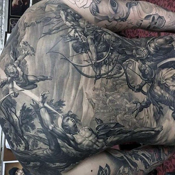 Incredible Awesome Back Battle Themed Tattoos For Men