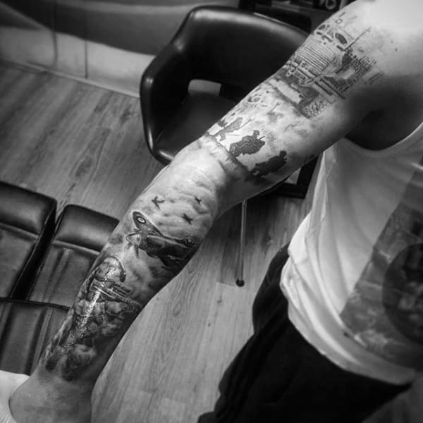 Incredible Black And Grey Ink Male Full Sleeve Army Tattoos