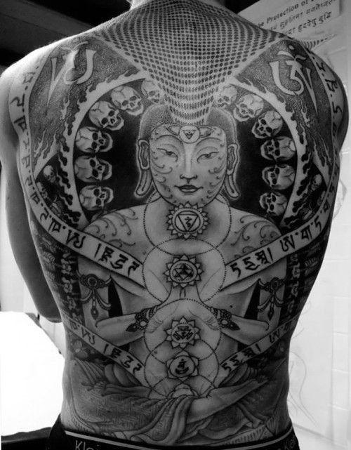 Incredible Black Oriental Buddha Tattoo For Men On Back