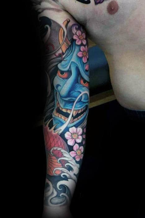 incredible-blue-japanese-demon-mask-sleeve-tattoos-for-men
