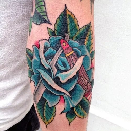 Incredible Blue Rose Flower With Straight Edge Razor Elbow Crease Ditch Tattoos For Men