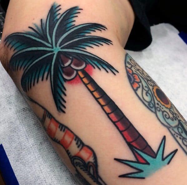 Small island tattoo with a house and two palm trees | Tree tattoo, Island  tattoo, Palm tree tattoo