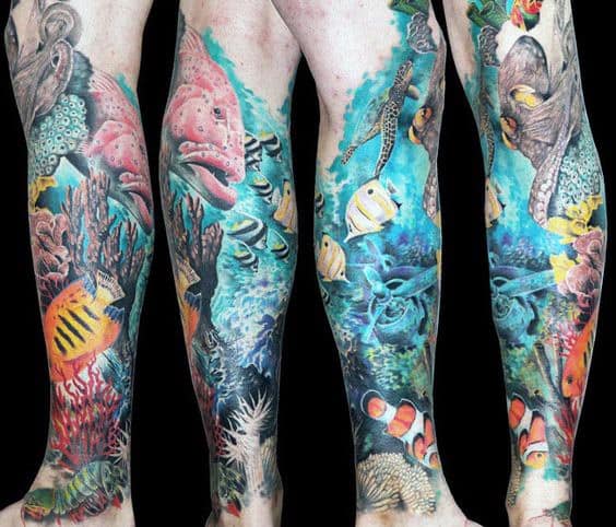 Incredible Coral Reef Leg Sleeve Tattoos For Men