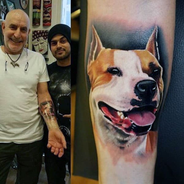 Incredible Detail Mens Realistic Dog Tattoo On Inner Forearm