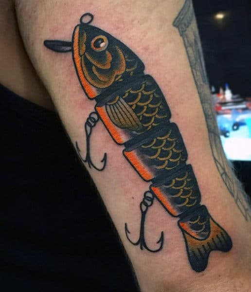 Incredible Detailed Baitfish Fish Hook Tattoo For Men On Back Of Arm