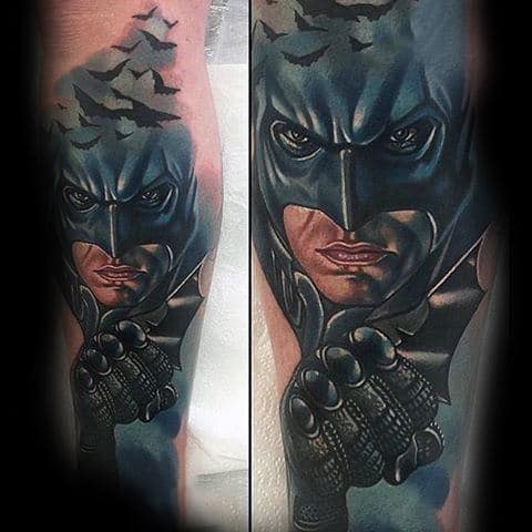 Incredible Detailed Blue Ink Batman Mens Leg Tattoos