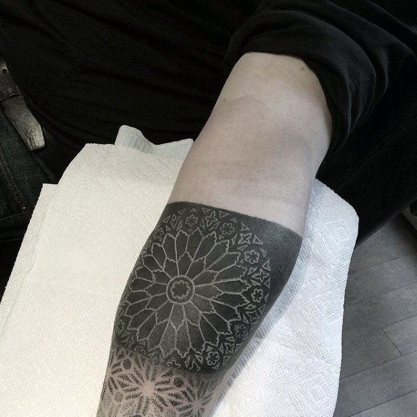 Incredible Detailed Mens Leg Calf Tattoo Of White Ink Geometric Shapes