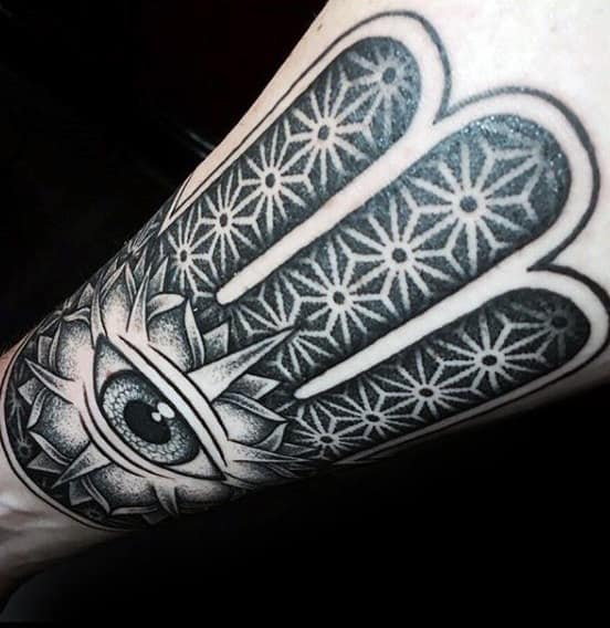 Incredible Eye Hamsa Hand Tattoo With Pattern On Mans Inner Forearm