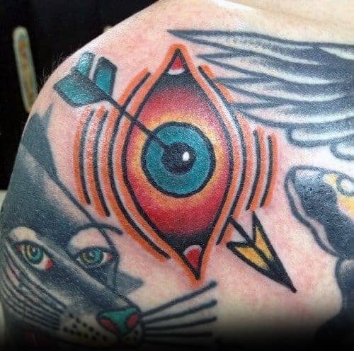 Incredible Filler Blue Eyewith Arrow Shoulder Tattoos For Men