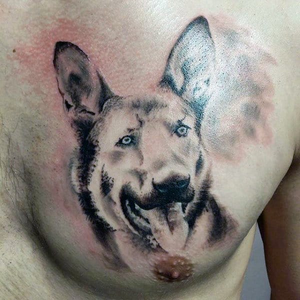 Incredible German Shepherd Dog Tattoo For Men On Upper Chest