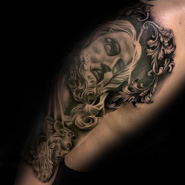 Incredible Guys Jesus Arm Tattoo With Ornate Design