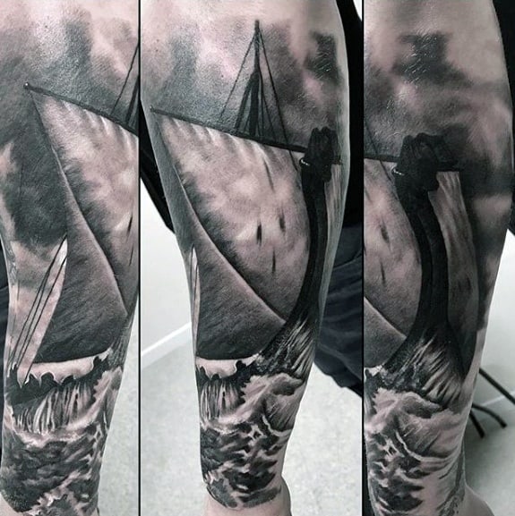 Incredible Guys Sailing Viking Ship Sleeve Tattoo Designs