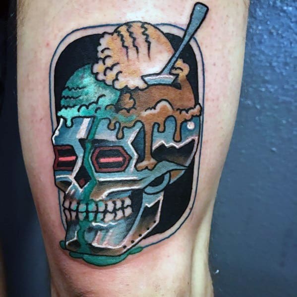 Tattoo of a cyberpunk-style skull with melting ice cream scoops on top, dripping caramel, and a spoon, blending futuristic and surreal elements.