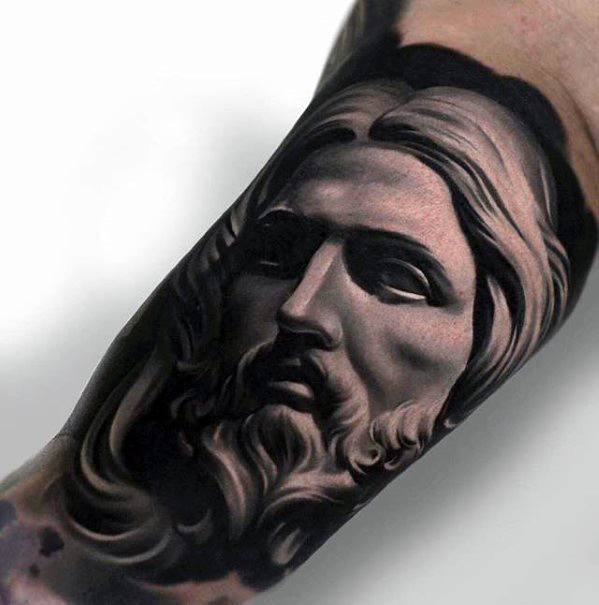 Incredible Inner Arm Bicep 3d Jesus Tattoos For Men