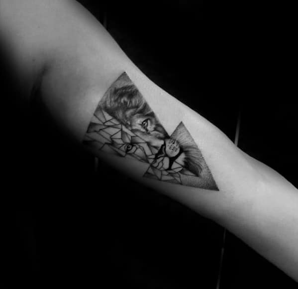 Incredible Inner Arm Bicep Triangular Geometric Lion Tattoos For Men