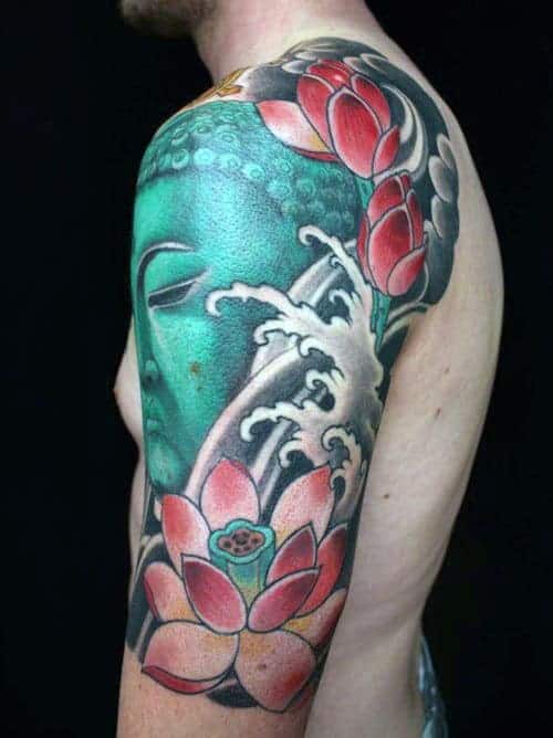 incredible-lotus-flower-mens-waves-half-sleeve-tattoo-designs