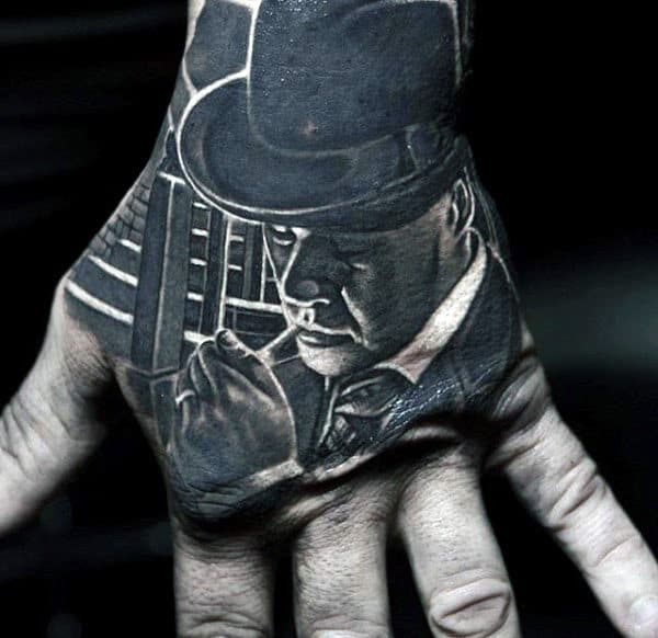 Incredible Male Gangster Portrait Hand Tattoos