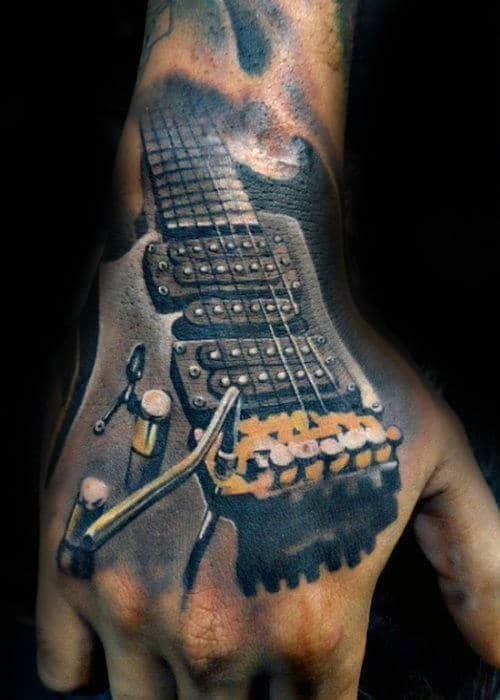 Incredible Mens 3d Guitar Hand Tattoo