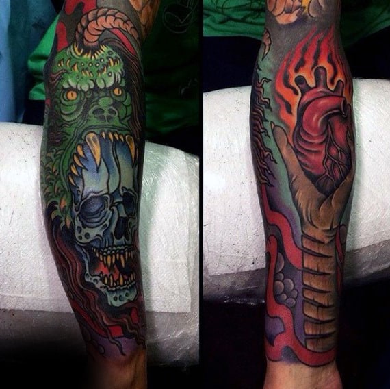 Incredible Mens Colorful Full Sleeve Heart Tattoos