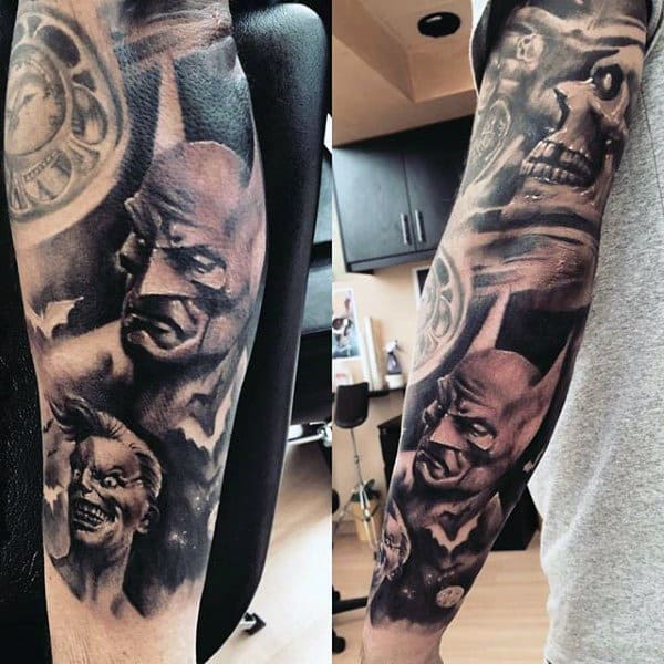 Incredible Mens Full Arm Sleeve Batman Themed Tattoo Design Inspiration