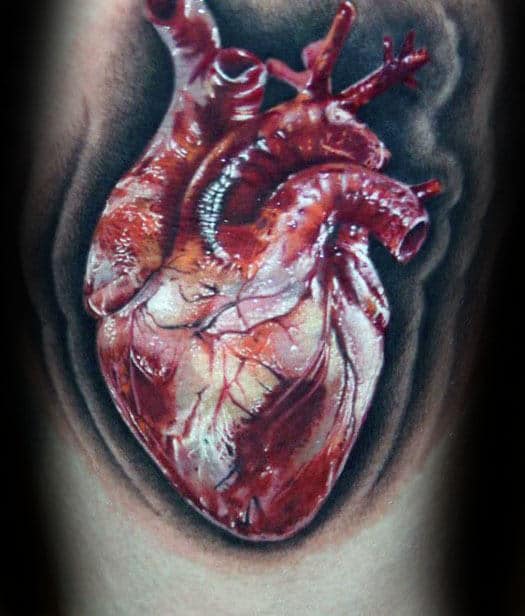 Incredible Mens Leg Realistic Heart Tattoo Design Inspiration