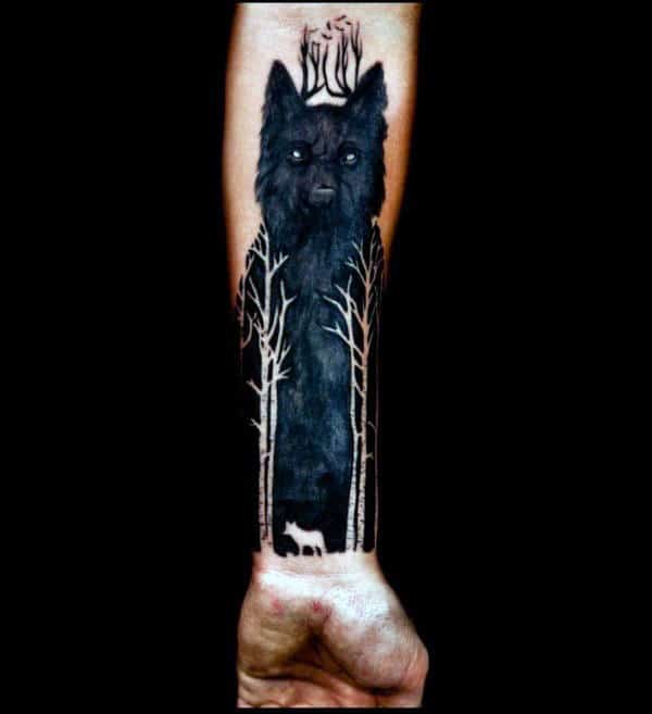 Incredible Mens Negative Space Trees Wolf Watercolor Forearm Sleeve Tattoo