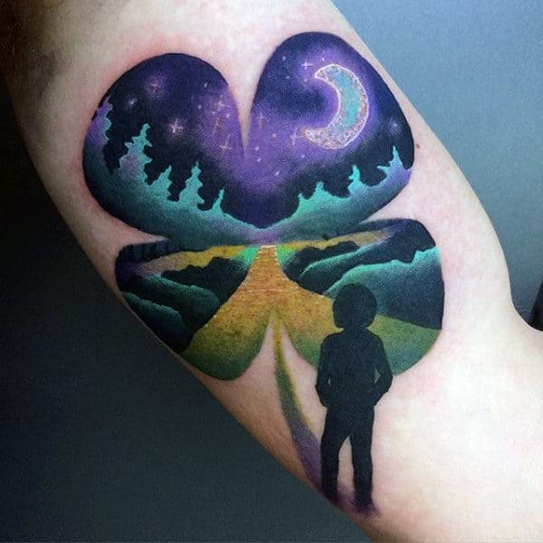 Incredible Night Sky Four Leaf Clover Tattoo Ideas For Guys On Inner Bicep