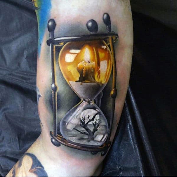 Incredible Realistic 3d Candle Hourglass Tattoo For Men