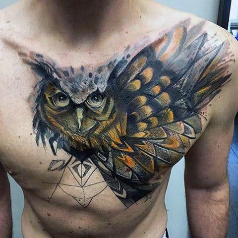 Incredible Right Side Of Chest And Shoulder Owl Tattoo On Male Painting Style Ink