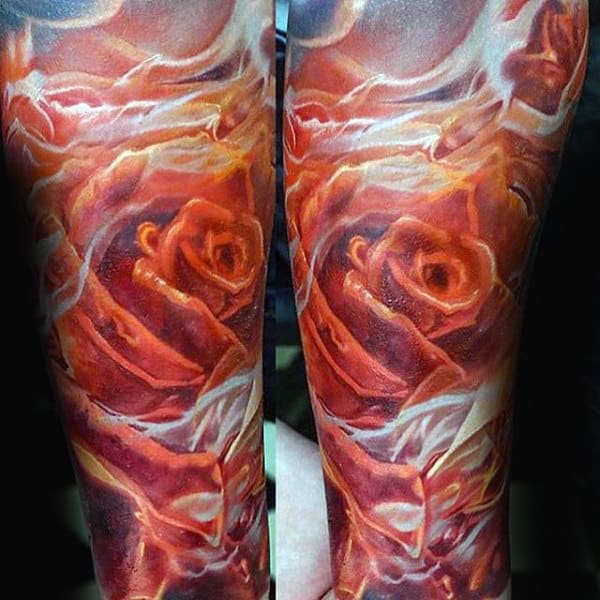 Incredible Rose On Fire Mens Sleeve Tattoos