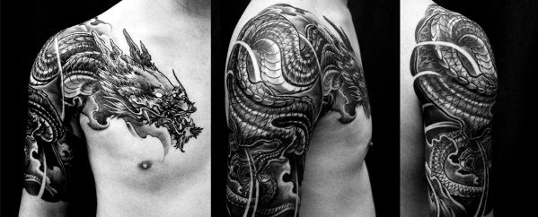 Incredible Shaded Half Sleeve Chest Dragon Tattoo Ideas For Men