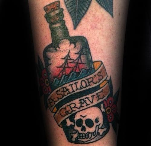 Incredible Sinking Ship With A Sailors Grave And Skull Forearm Tattoos For Men