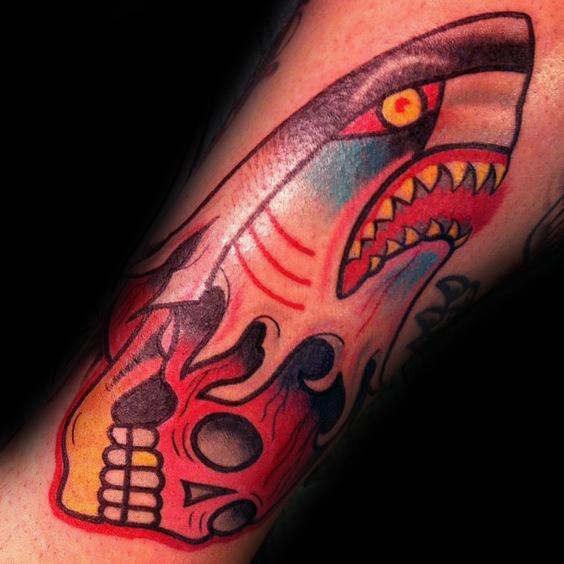 Incredible Tattoo Skull With Shark Old School Traditional Arm Designs For Guys